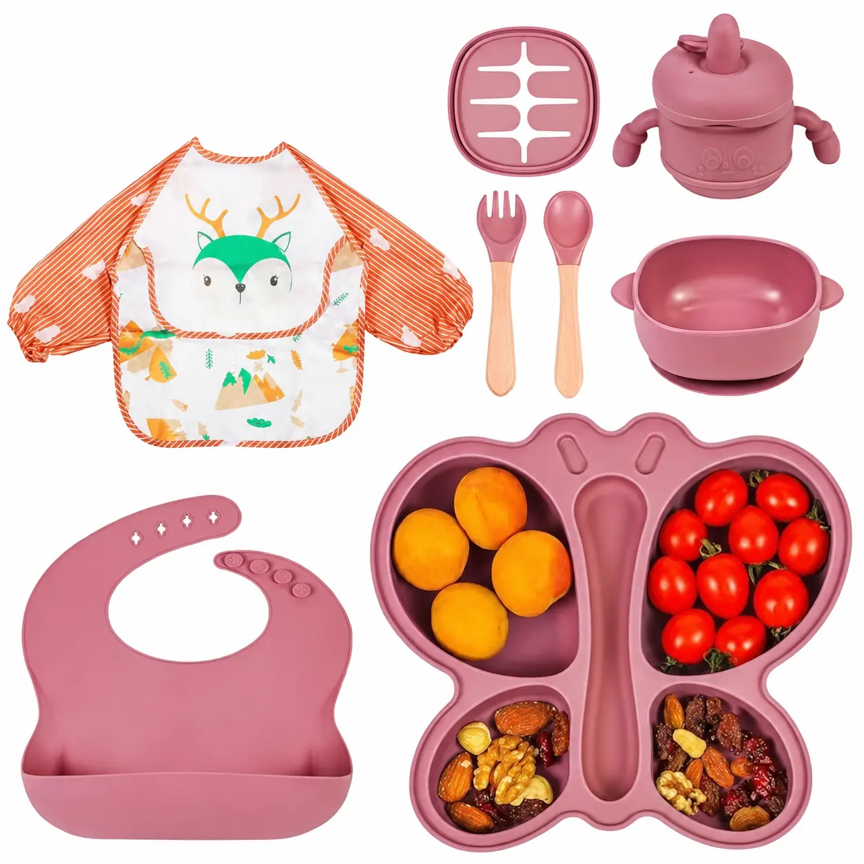 Silicone Baby Feeding Set with Suction Plate Bowl Spoon & Fork Baby Led Weaning Essentials Waterproof Bibs BPA-Free Toddler Feeding Supplies for Self-Feeding Training