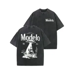 Modelo UFO Cowboy Graphic-Shirt Vintage Washed Cotton Retro Streetwear Tee With Cerveza Modelo Letter Print, UFO Western Cowboy Desert Scene Design, Y2K Casual Short Sleeve Men's Summer Fashion