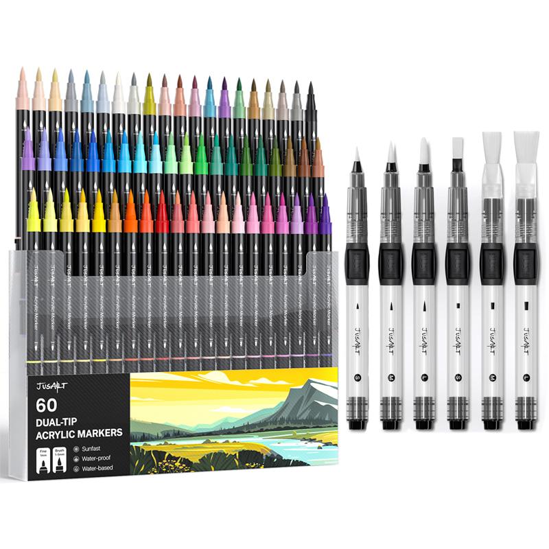[JusArt] 60/36/24 Colors Dual Tip Acrylic Paint Pens Markers, Brush and Fine Tip, Premium Paint Pens for Various Surfaces, Acrylic Paint Markers, Markers for Coloring, Art Supplies, Acrylic Marker, Coloring Supplies
