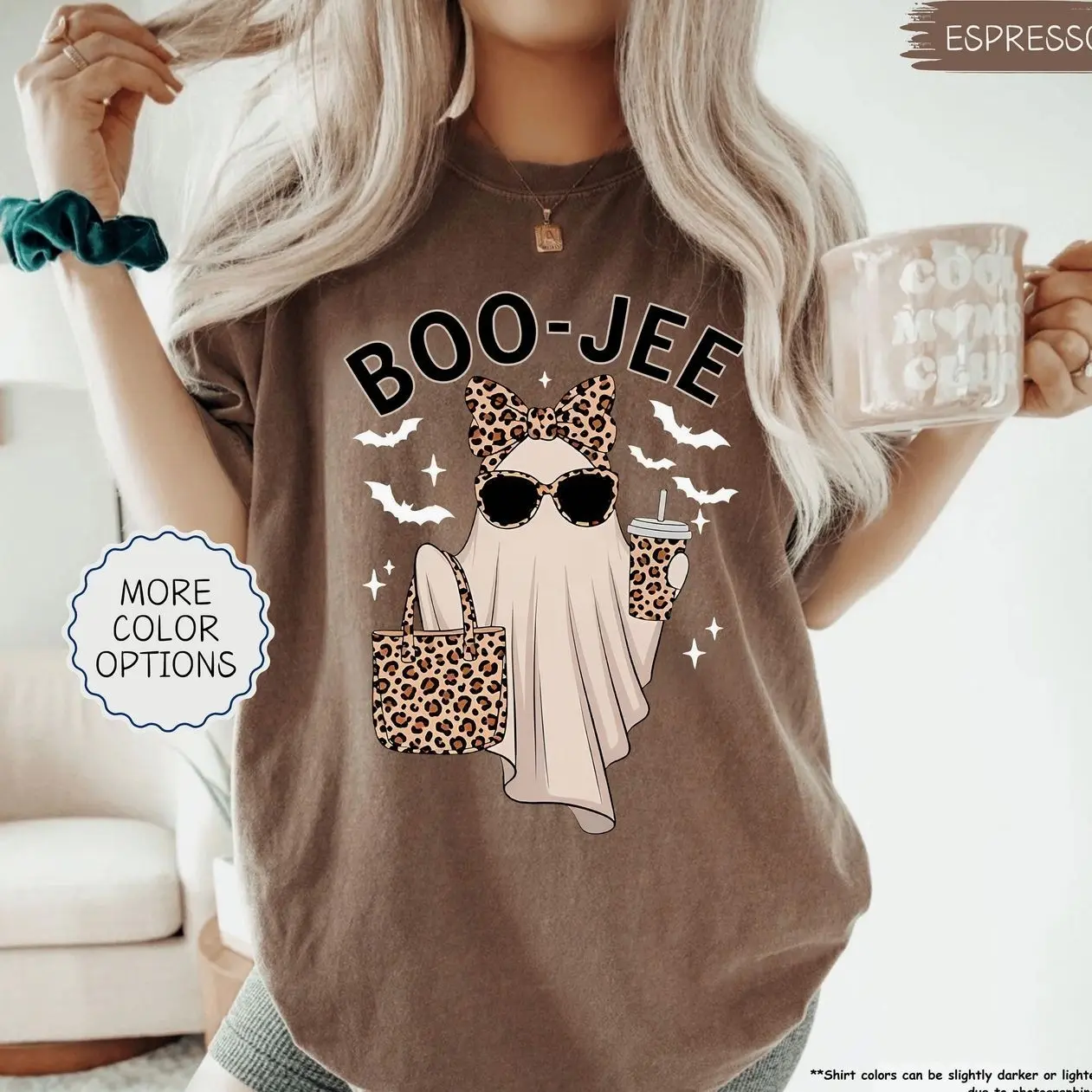 Comfort Colors Boo-Jee Ghost Halloween T-Shirt, Leopard Ghost Coffee Graphic Tee, Funny Girly Spooky Season Shirt, Cute Fall Halloween Apparel, Ghost Lover Gift for Women & Men