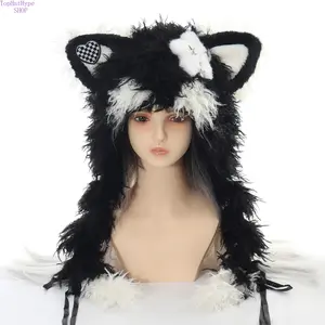 Plush Cat Ear Beanie Hat with Star Braids, Lolita Style Fluffy Warm Winter Headwear, Y2K Aesthetic Subculture Fashion Accessory, Soft Fuzzy Cold Weather Cap Perfect for Daily Outfits, Street Style, Parties, Cosplay & Autumn Winter Outdoor Wear