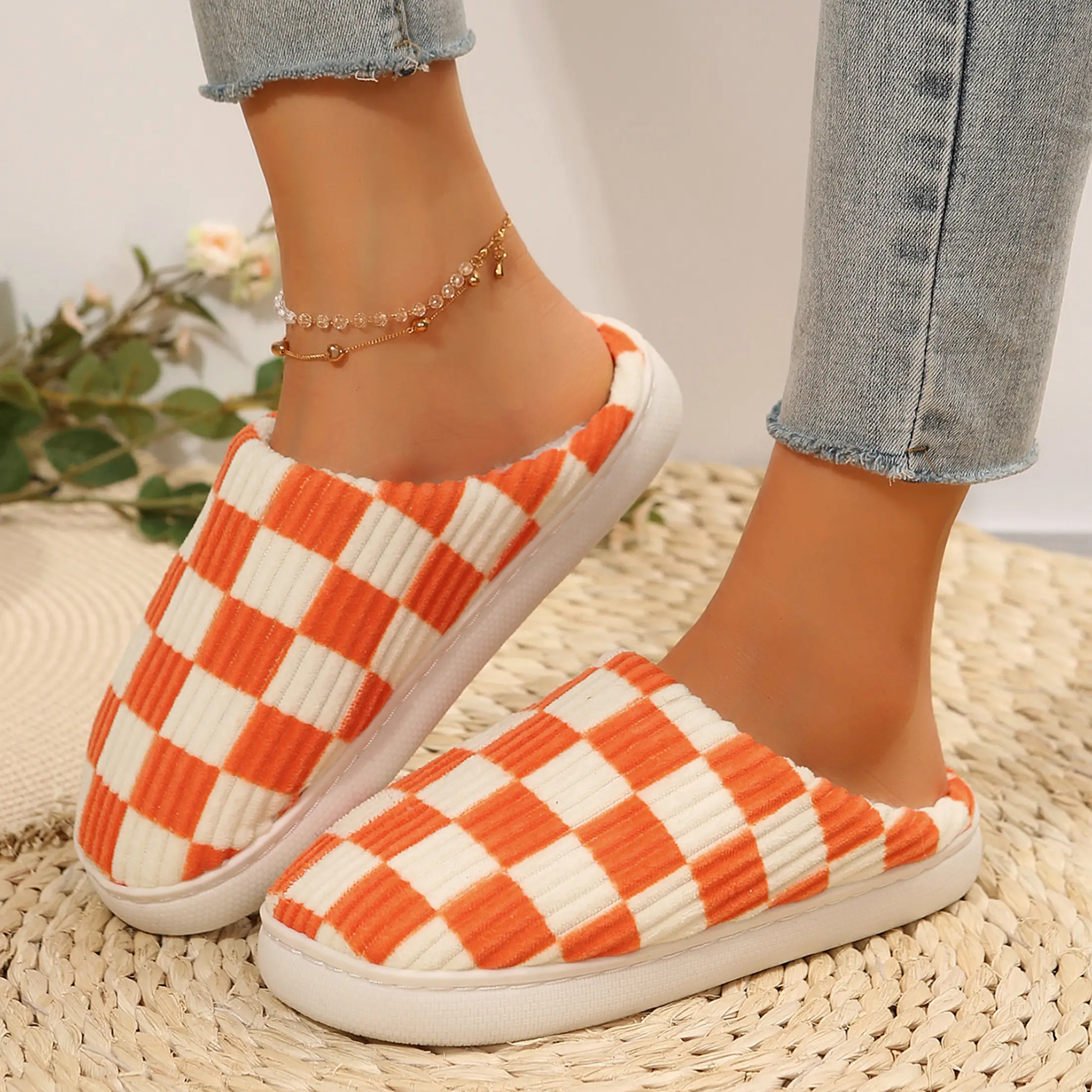 Women's Cotton Slippers - Checkered and Cute Bedroom Slippers for Women