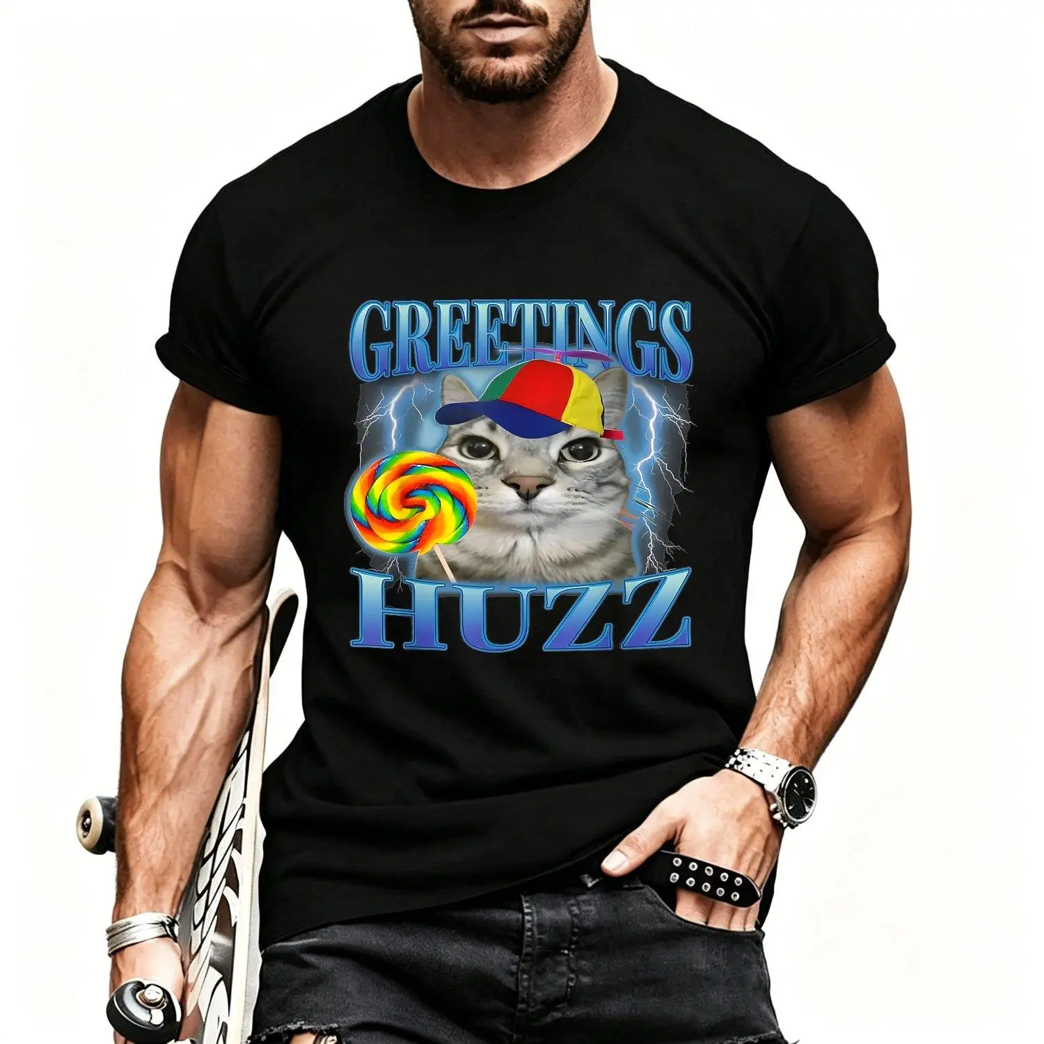 Men's Short Sleeve T Shirts with Lollipop Cat Meme Greetings Huzz Funny Silly Cats Brainrot Graphic Tee Casual Stylish Apparel Menswear Tops