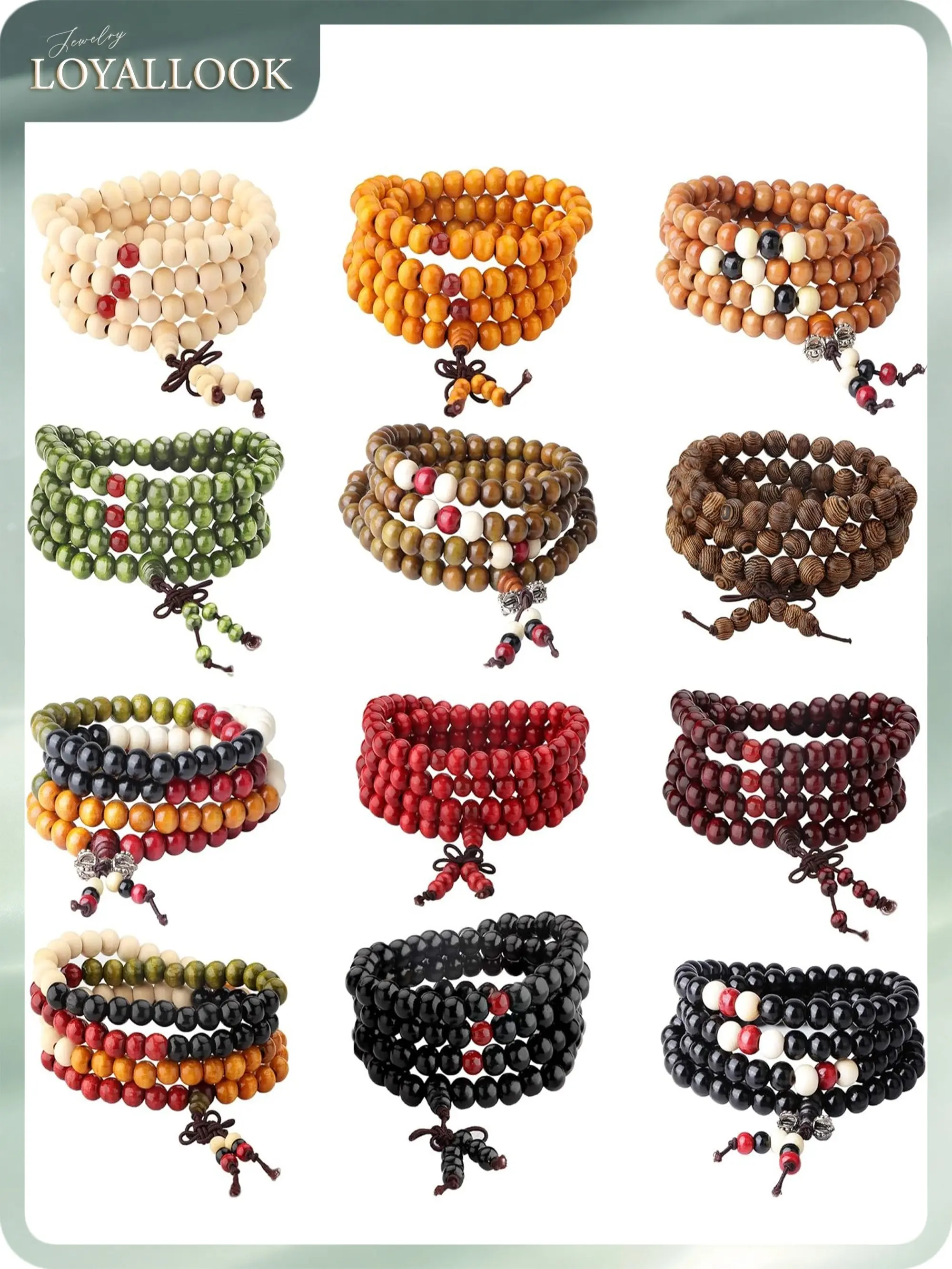 LOYALLOOK 12Pcs 108 Mala Bead Bracelets 8MM Buddhist Prayer Strand Sandalwood Wood Beaded Bracelet Necklace Elastic Handmade Multilayer Tibetan Buddha Link Wrist Bracelets Meditation Necklace Chain
