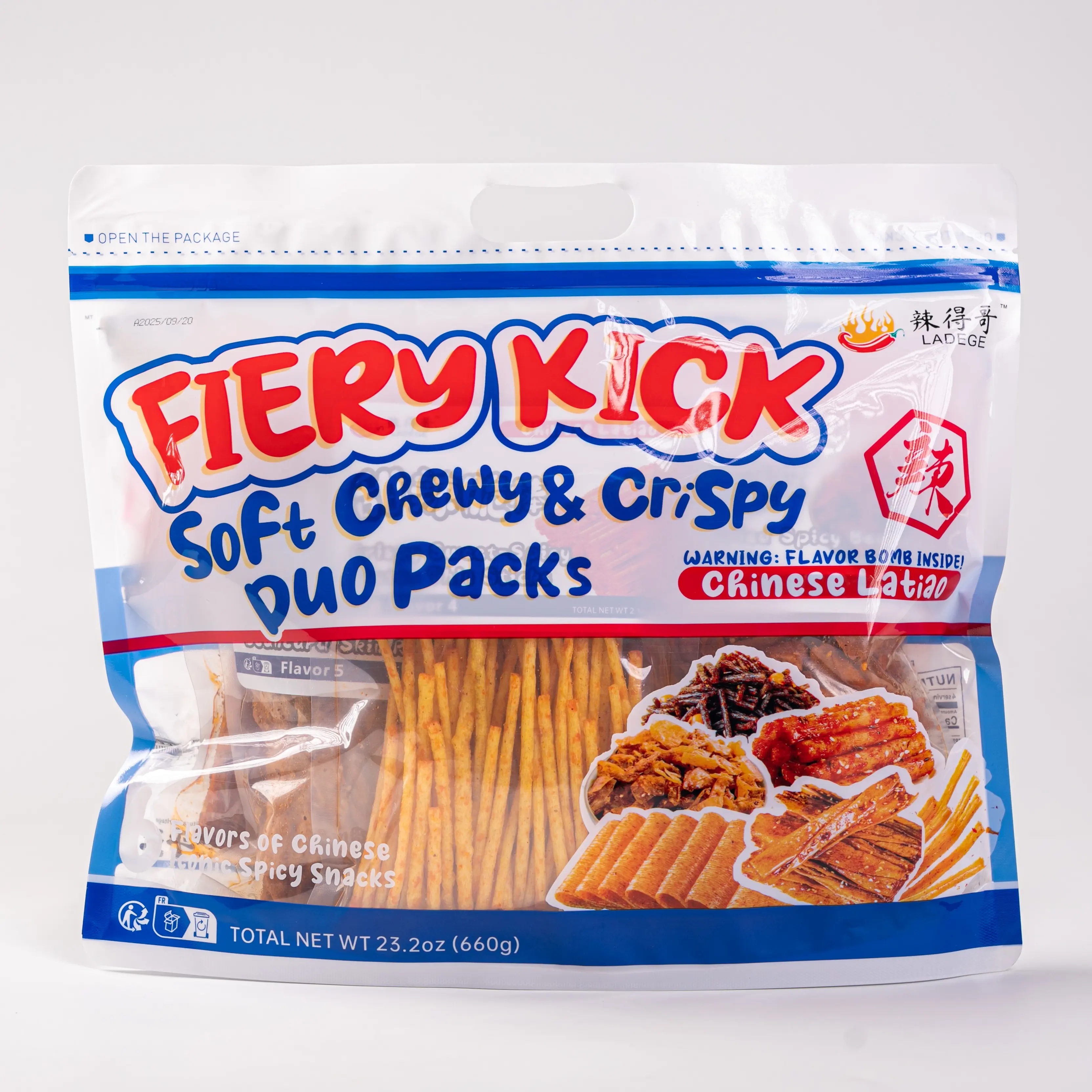LADEGE Fiery Kick Chewy-Crispy Crispy Dry Spicy Dried Snack, 6-Pack 450g Ambient Bag Pantry Snacks, Authentic Flavored Shareable Party Treats, Cupboard-Packaged Food