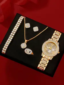 Women Gold Stainless Steel Strap Glamorous Rhinestone 5pc