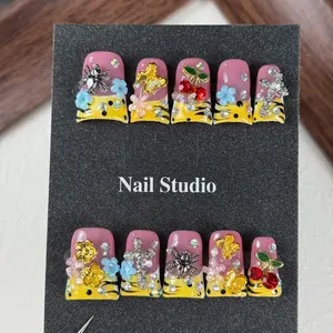 10pcs Cute cartoon style, hand-painted zebra pattern, three-dimensional embossed design, butterflies, Butterfly accents, dazzling diamonds handmade fake nails, Ideal for spring outings, featuring attractions such as parks, camping