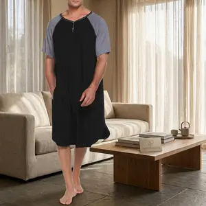 Men's Comfortable Short Sleeve Nightgown Sleepwear - Loose Fit Henley Y-Neck Kaftan Night Shirt with Pockets for Sleeping, Breathable Soft Fabric Perfect for Relaxing at Home, Lounge Wear, Casual Nightwear