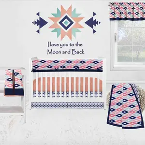 Bacati Aztec Print Liam 6-Piece Crib Bedding Set With Long Rail Guard Cover - Coral/Mint/Navy