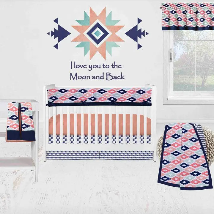 Bacati Aztec Print Liam 6-Piece Crib Bedding Set With Long Rail Guard Cover - Coral/Mint/Navy