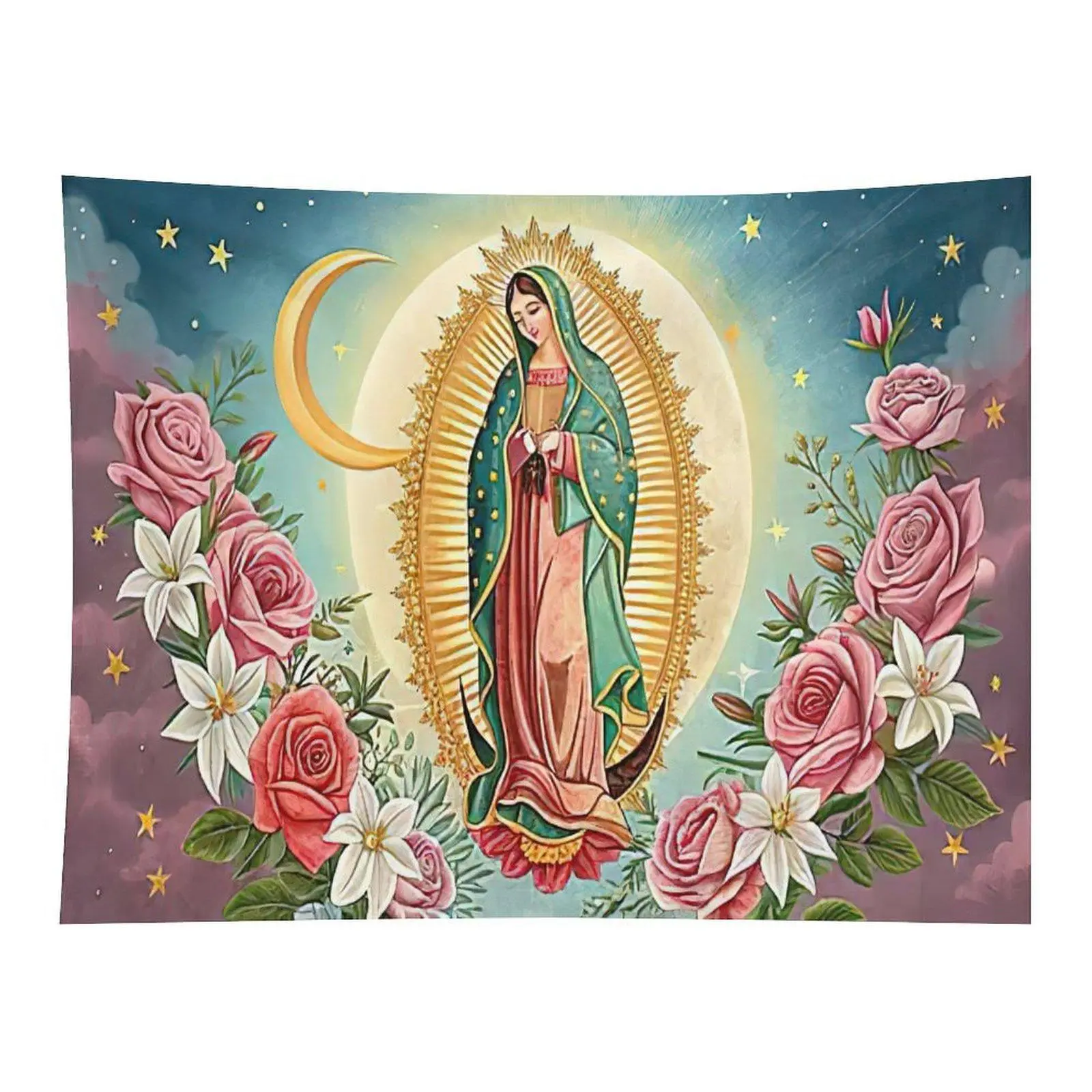Virgin Mary Our Lady of Guadalupe Floral Tapestry - Crescent Moon Rose Religious Wall Hanging for Home Room Decor