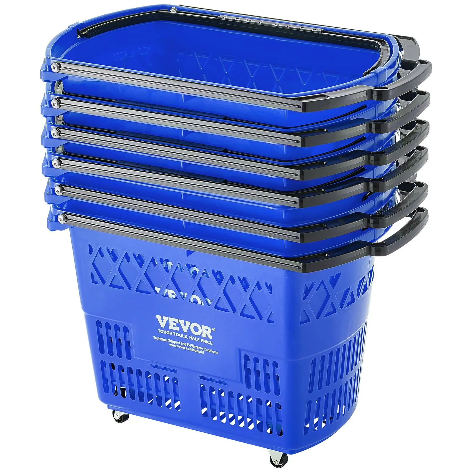【summerfinds】VEVOR Shopping Baskets, 6PCS, 39L Shopping Carts with Handles, Plastic Rolling Shopping Basket with Wheels, Large Portable Shopping Basket Set for Supermarkets, Retail Stores, Grocery Shopping, Blue Household Organiser