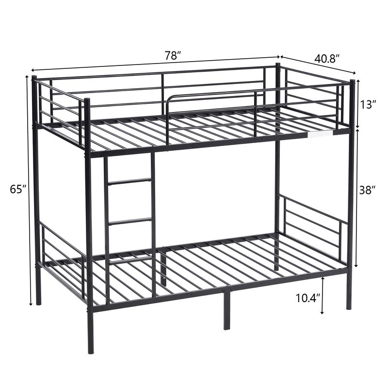 Iron Bed Bunk Bed with Ladder for All Ages Twin Size Black Bedroom Bedframe with 33.5cm Fence & 26.5cm Storage Space Modern Design