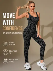 Women's Seamless Leopard Print Yoga Jumpsuit - Classic Slim Fit, Backless Strappy Design, Tummy Control, Soft Non-Pilling Fabric, Fall Winter Gym Activewear Clothing, Sport Jumpsuit for Fitness Running