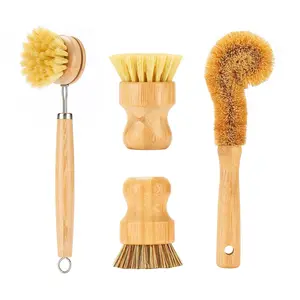 Bamboo Dish Brushes Sets 4 Tools in One Kitchen Clean Dish Scrubber for Pots Pans Bottles with Natural Bristles (Bamboo Brushes Sets),for Dishes Pots, Pans, Sinks, Woks, Vegetables