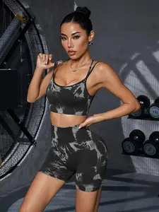 Women's Tie Dye Print Sports Bra & High Waist Shorts Tracksuit Set, Sporty Casual Breathable Comfortable Two-piece Outfits for Yoga Gym Workout Running, Ladies Sportswear for All Seasons
