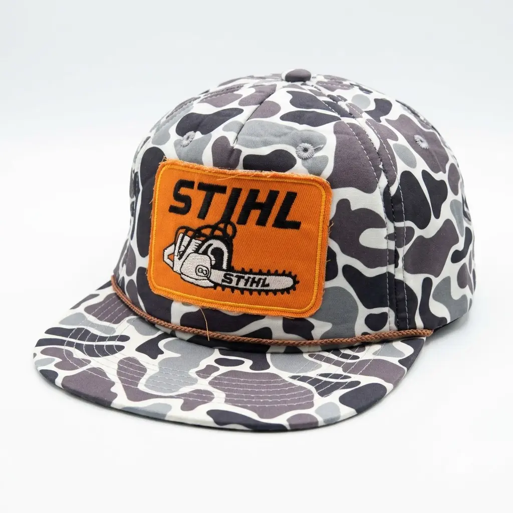 STIHL Chainsaw Camo Patch Hat, Vintage Embroidered Duck Camo Snapback Cap for Men, Retro Logger Rope Trucker Hat, Adjustable Flat Brim Outdoor Workwear Baseball Cap, Blue Collar Gift