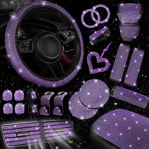 30-Piece Bling Car Accessory Set: Bling Rhinestone Steering Wheel Cover, Center Console Cover, Seatbelt Pads, Gear Shift Cover, Cup Coasters, and Hanging Charms — Stylish Car Accessories for Women, Girly Car Accessories