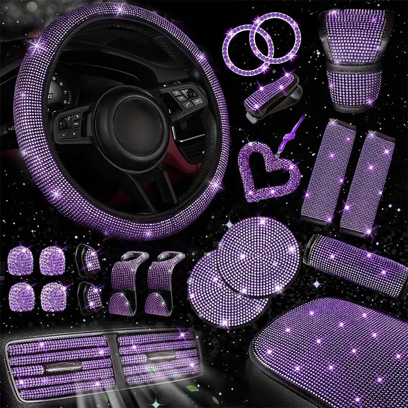 Bling Car Accessory Set: Bling Rhinestone Design featuring Steering Wheel Cover, Center Console Cover, Seatbelt Pads, Gear Shift Cover, Cup Coasters, and Hanging Charms — Stylish Car Accessories for Women
