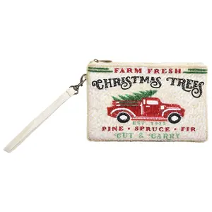 Red Farm Truck Christmas Tree Beaded Holiday Mingle Wristlet Phone Crossbody, Beaded Accents, Crossbody Style