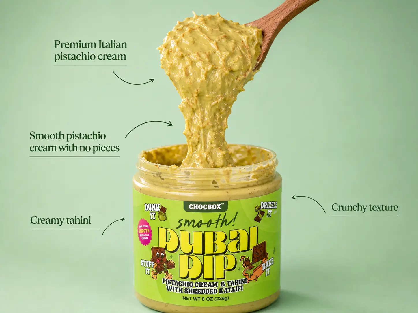 Chocbox Smooth Pistachio Cream Dubai Dip Spread - Crunchy Kataifi, Jar Container (No Pistachio Pieces)