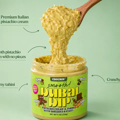 Chocbox Smooth Dubai Pistachio Cream Dip - Sweet Food and Snacks, Ambient Temp Jar Container, Crunchy Kataifi Spread, Dubai Chocolate Cup (No Pistachio Pieces)