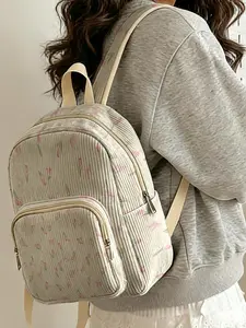 1 piece of 'Pink Tulip Pattern' 2D printed ladies' backpack, corduroy texture + layered storage + light weight reduction | Perfect for students to go to class/shopping/short trips | Combines atmosphere with practicality