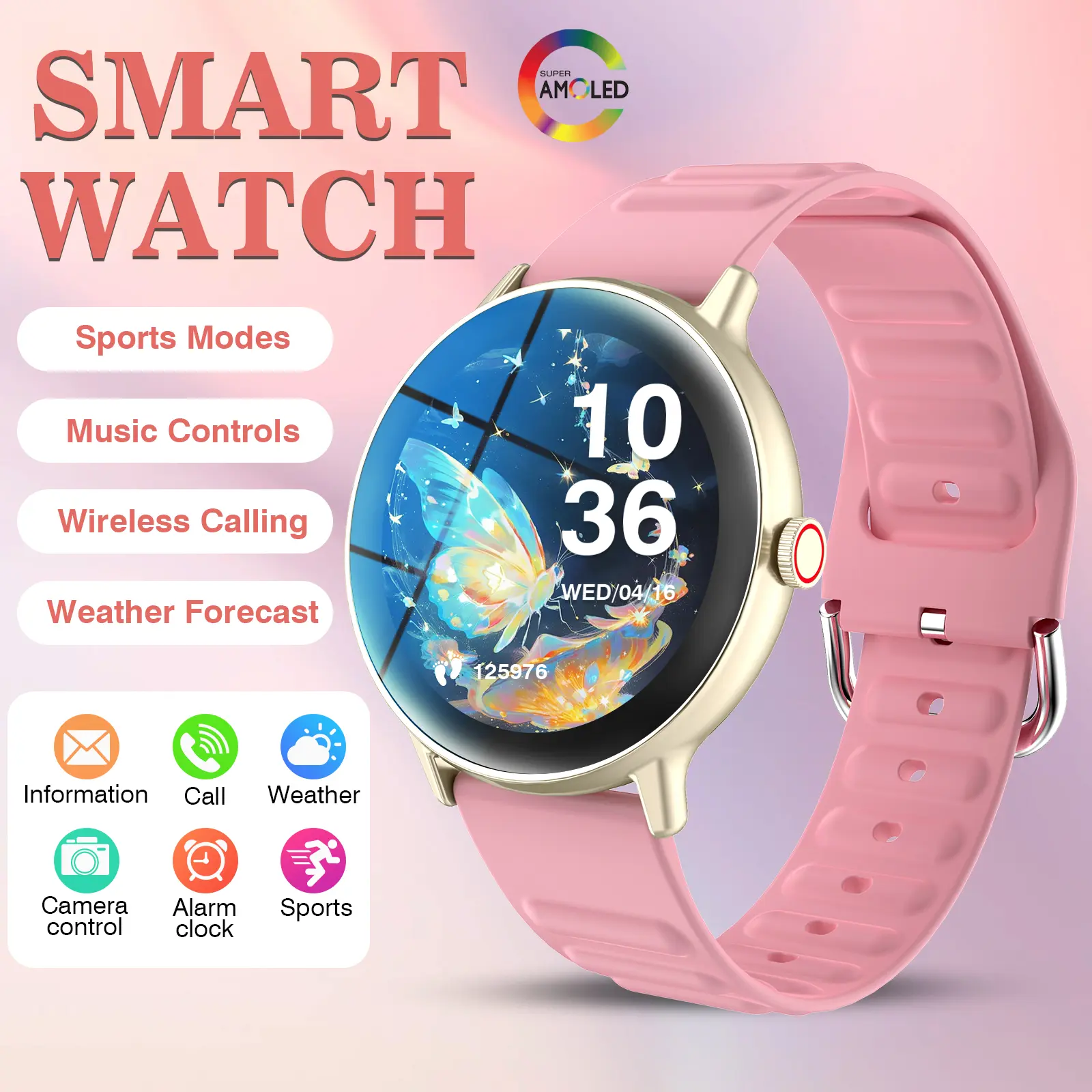 AMOLED Smartwatch — Supports Bluetooth wireless calling, message notifications, music and camera controls, fitness tracking, multiple sports modes, and weather display (Pink/Silver)