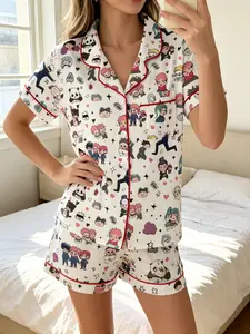 Adorable Q-Style Character Print Women's Pajama Set, Comfortable Two-Piece Sleepwear, Short Sleeve Button-Up Top & Elastic Shorts, Casual Home Wear