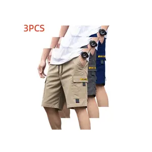 Men’s 3-pack cargo shorts, sporty casual style, multi-pocket design, includes a drawstring waistband, suitable for running, sports, and everyday casual wear—mid-length shorts.