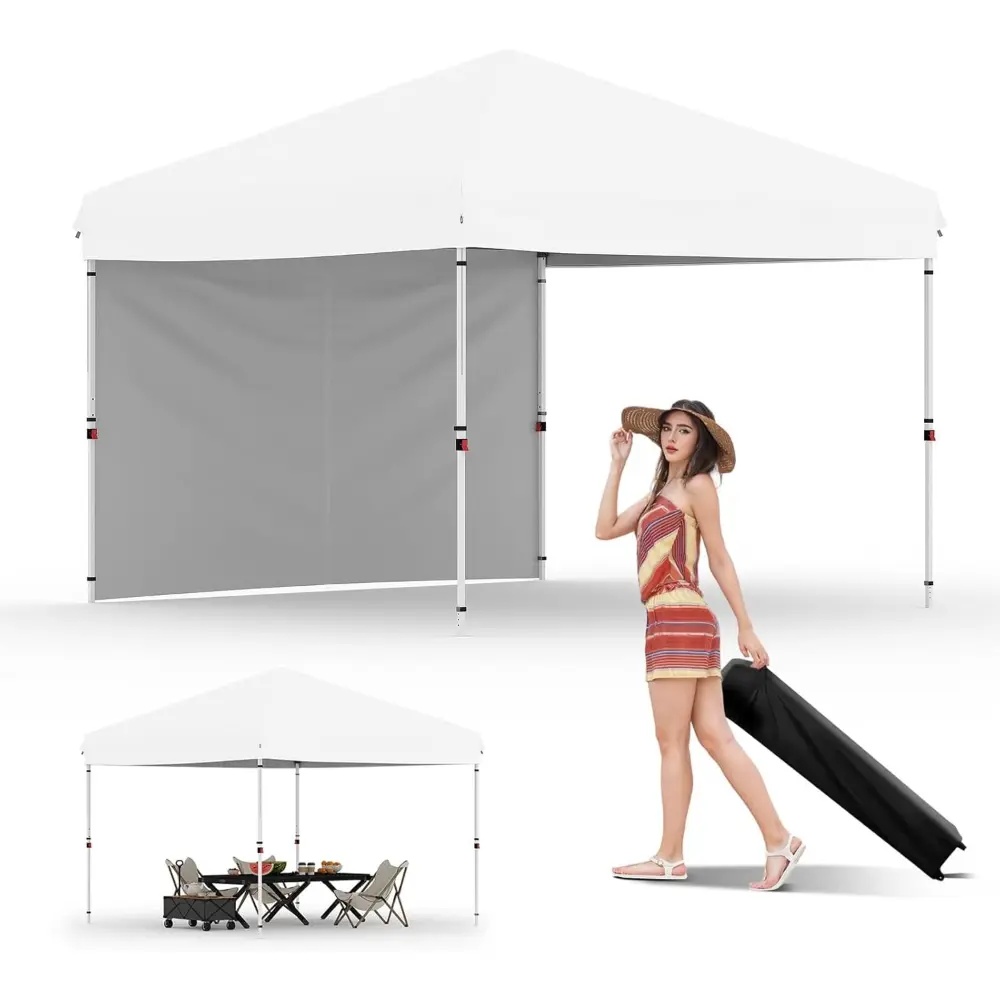 10X10 Pop Up Canopy Tent with 1 Sidewall,Portable Shelter Canopy with One Push Setup for Events, Parties, Camping,UPF 50+ All Weather Waterproof, 4 Ropes, 4 Weight Bags