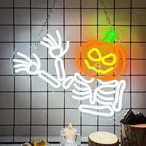 Waving Pumpkin Skeleton Neon Sign, Flashing Halloween Neon Sign, Dimmable Skull Led Light for Wall Decor, Halloween Decorations for Home, Party, Bar, Window