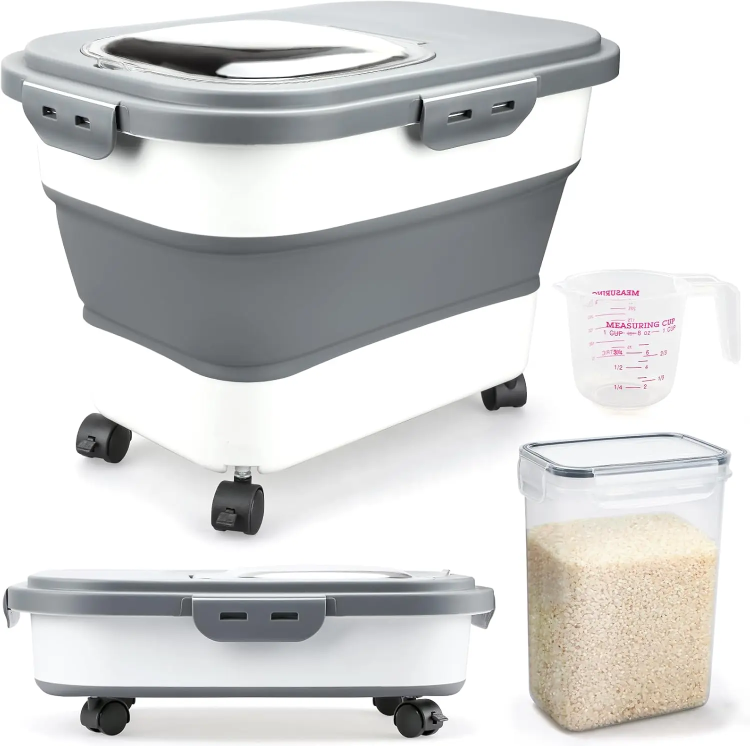 Rice Storage Containers, Collapsible 20 to 30Lbs  Storage Bin Dispenser with Rolling Wheel and Clear Airtight Lid,  Flour, Sugar, Cereal and    Containers