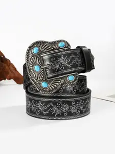 Western Style Flower Vines Pattern Embossed Belt, Western Concho Belts, Cowboy Belt, Fashionable Belt for Women & Men, Casual Waistband for Jeans Trousers, Trendy All-match & Exquisite Belt for Birthday Gift