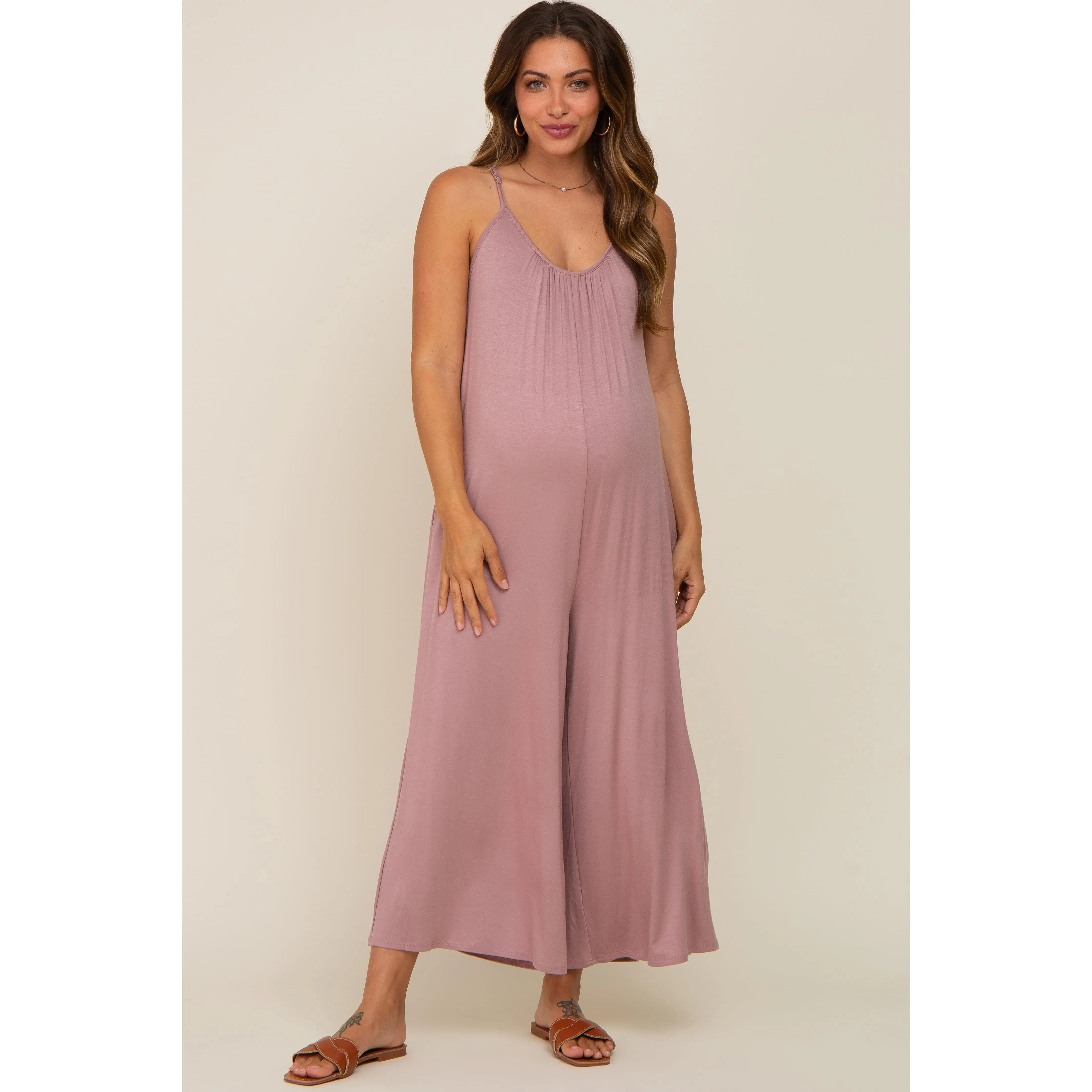 Mauve Basic Cropped Wide Leg Maternity Jumpsuit, Maternity Wear, Prenatal Maternity Clothing