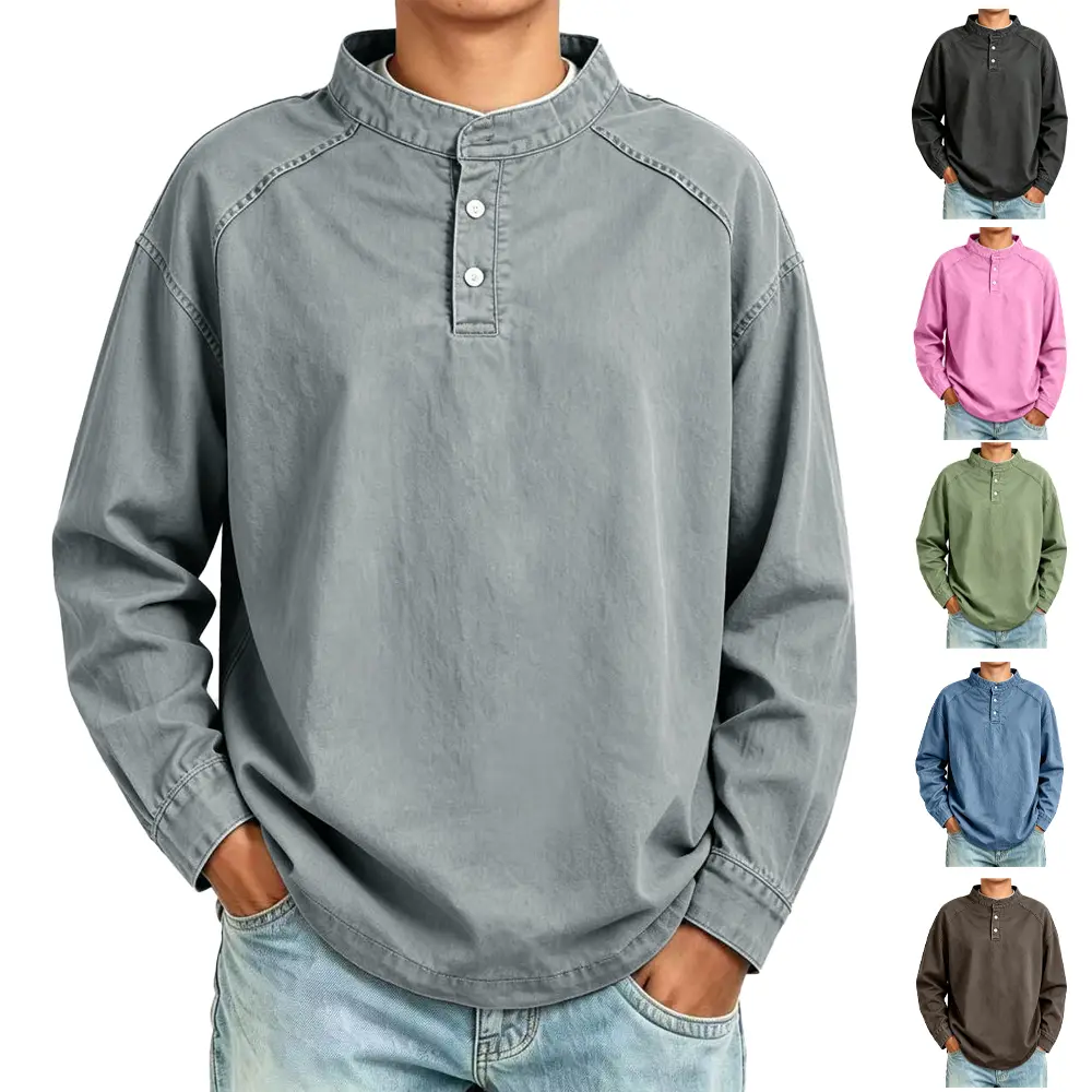 2026 Cross-border Men's Autumn/ Winter New Arrival: Loose-fit Henley-collar Pullover Shirt with – 100% Cotton Solid-color Vintage-style Long-sleeve Casual Shirt
