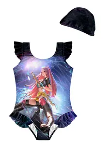 ✨Colorful Neon Style Kids Swimsuit, Cyber Girl Stage Print Ruffle Sleeve, Perfect for Pool & Beach Fun