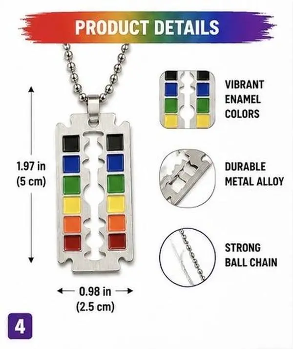 Unisex Rainbow Razor Blade Necklace - High Quality Stainless Steel Pride Jewelry, Vibrant Colors & Durable Ball Chain