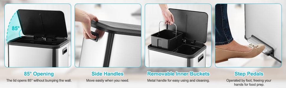 【Restock Sale】GARVEE 2x4 Gallon Kitchen Dual Trash Can and Recycling Bin Stainless Steel Removable Inner Bin and Soft Close Lid for Home Office Business Silver