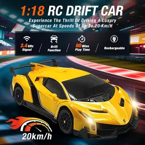 Lamborghini boys remote control car 3-7, 1:18 scale Lamborghini toy car official authorization, RC drift car 20 km/h, with LED lights, 2.4GHz RC car adult boys and girls 8-12 birthday gift (yellow) Remote Controlled Car