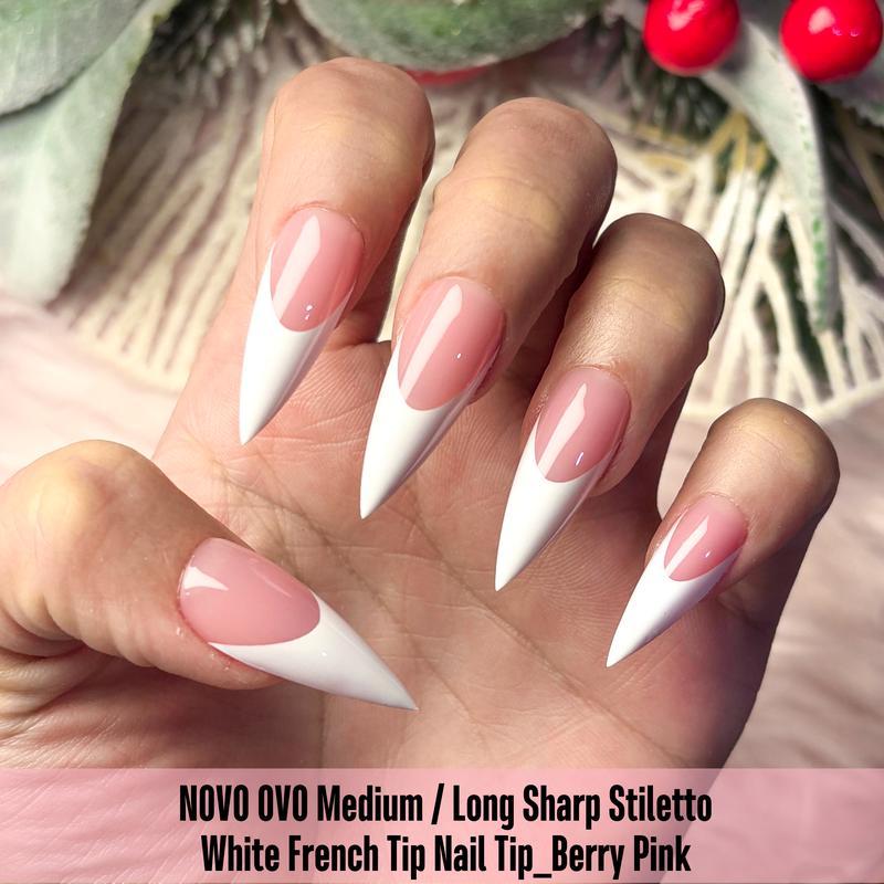 NOVO OVO White French Tip Sharp Stiletto Pointed Medium Long Nail Tips Press on Berry Pink,Soft Gel Fake Acrylic Extension, Full Cover False Nails for Salon DIY x 16 Sizes 160 pcs【NO GLUE ,TOP COATAND LAMP INCLUDED】
