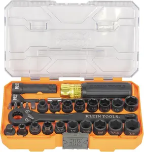 28-Piece Klein Tools 65400KNECT KNECT Essential Pass Through Impact Socket Set, SAE and Metric, 90-Tooth Ratchet, MODbox Case, 3/8-Inch Drive