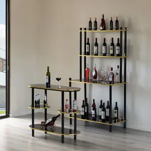 Fabulaxe QI004485-86.BN 2-Piece Contemporary 2-Tier Minimal Dual-Purpose Bar Table Set, Wood Brown Bartender Serving Display Station with Open Shelves for Glasses and Bottles, 2-Tier Bar Tables, Contemporary Bar Tables