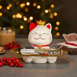 Decorative Tray Wealth Cat Sculpture, Smiling Gold Crown Decoration, Candy Bowl Base, Home Office Decor, Perfect Gift for Valentine's Day