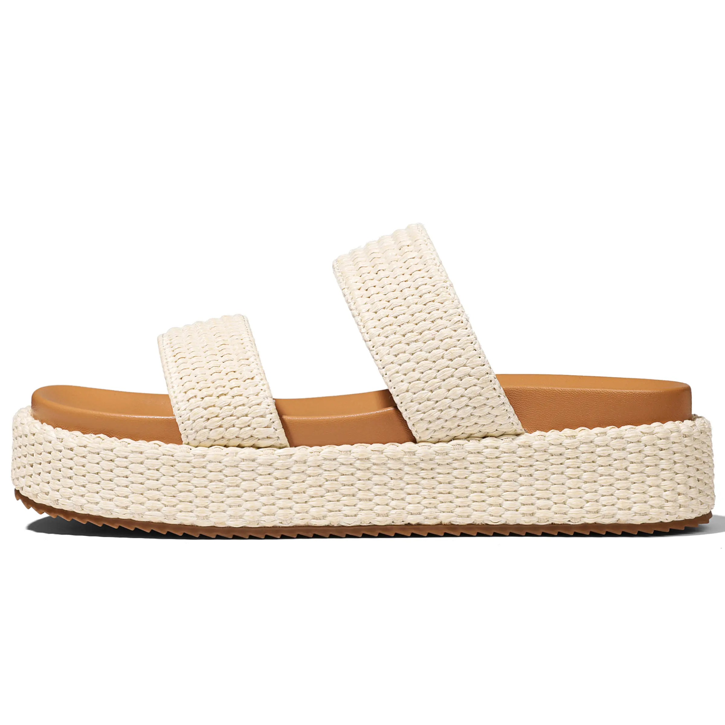 Clearance Sale Women Beige Raffia Platform Slide Sandals Two Wide Strap Slip On Flatform Espadrilles Cushioned Insole Lightweight Non Slip Summer Shoes For Beach Vacation Daily Trendy Ladies Boho Casual Footwear