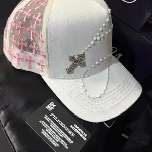 Gorra Rosario White Leather Hat with Pink Crosses and Pearl Beaded Trim for Women Full Set