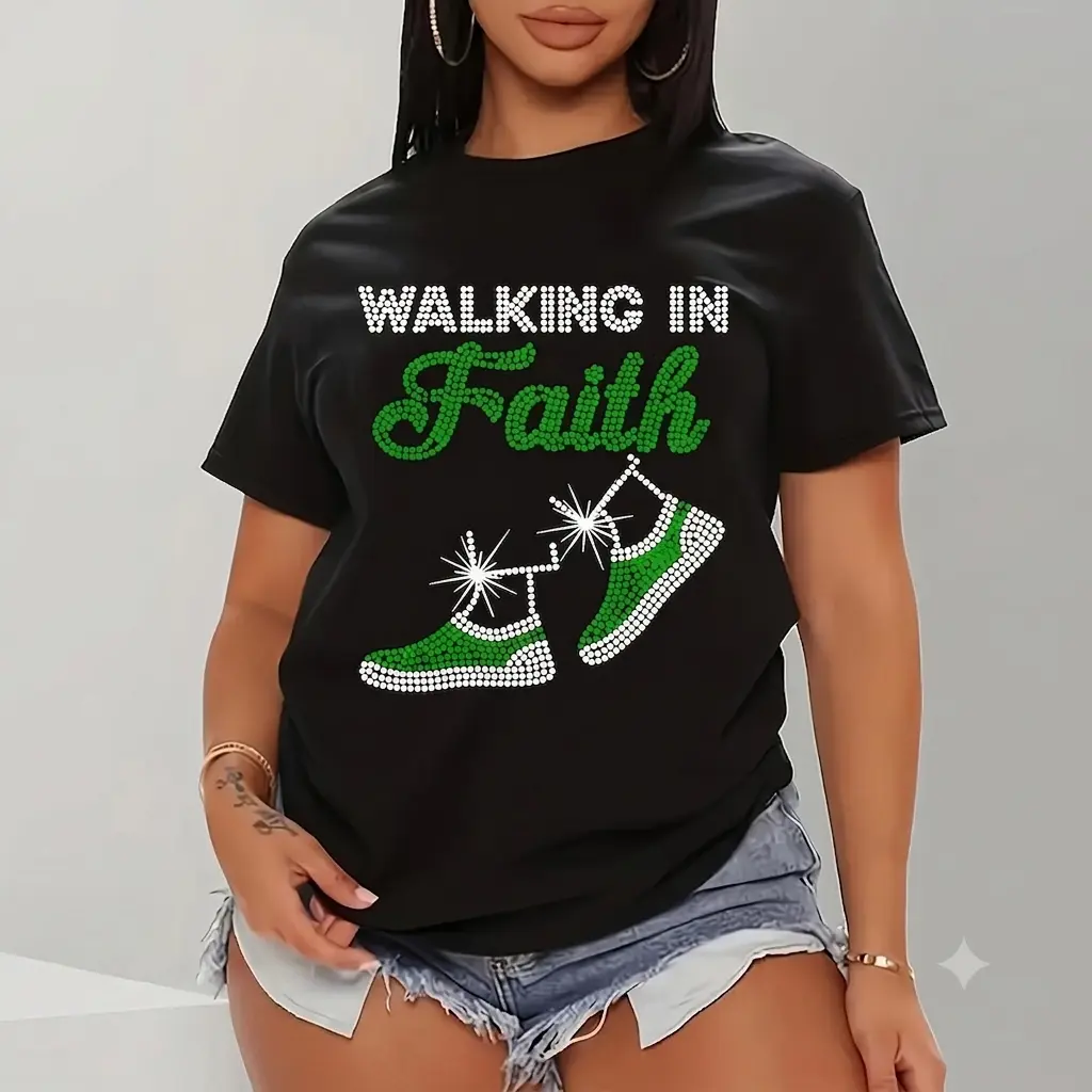 Women's Graphic Print Rhinestone Lettering Short-Sleeve Crewneck Casual Sports Top - For Workouts, Tops
