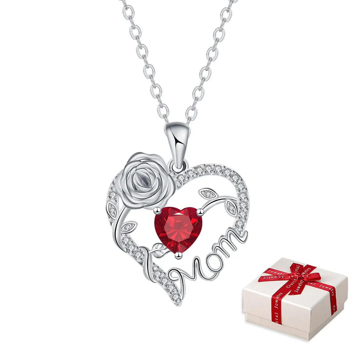 "Mom" Heart Necklace with 3D Rose & Cubic Zirconia, Stainless Steel Chain Link Necklace, Personalized Jewelry, Meaningful Gifts for Mothers with Gift Box, Dainty Heart Zirconia, Fashion Necklace