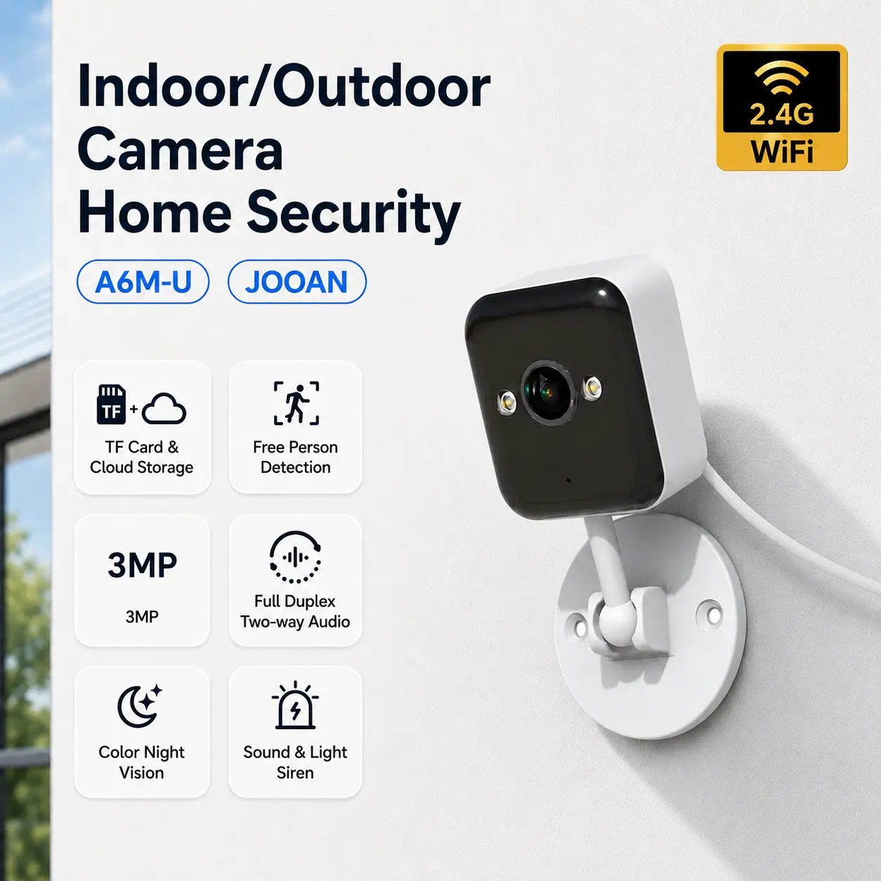 JOOAN A6M-U Portable Mini HD Outdoor Security Camera - 2.4G WiFi, 20M Night Vision, 2-Way Audio, Motion Alert, Battery Powered, Wall Mount, Micro SD/Cloud Storage, Recording, Connection Cable for Home Outdoor Use