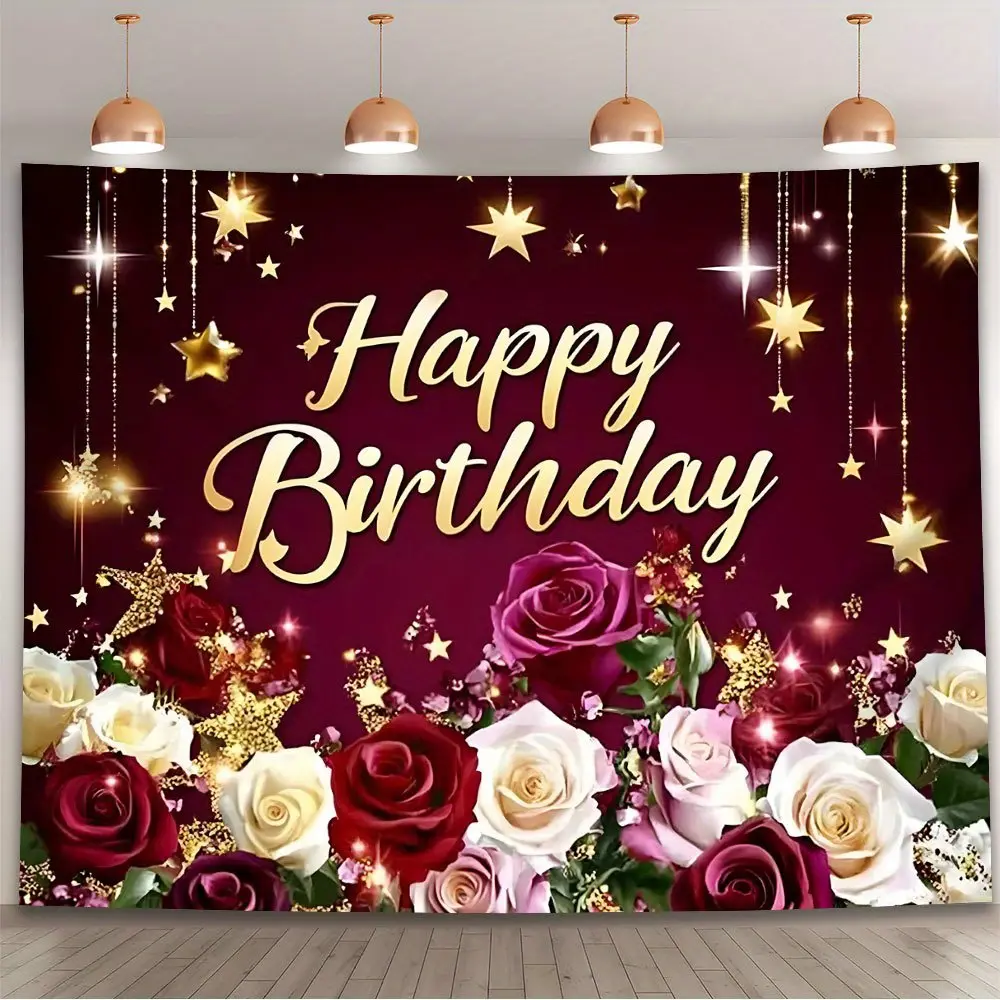 1pc Hanging Glam Durable Burgundy & Golden Floral Happy Birthday Backdrop Banner - Polyester Textile with Flower Ornaments, Easy-to-Install for Indoor & Outdoor Home Birthday Party Decor